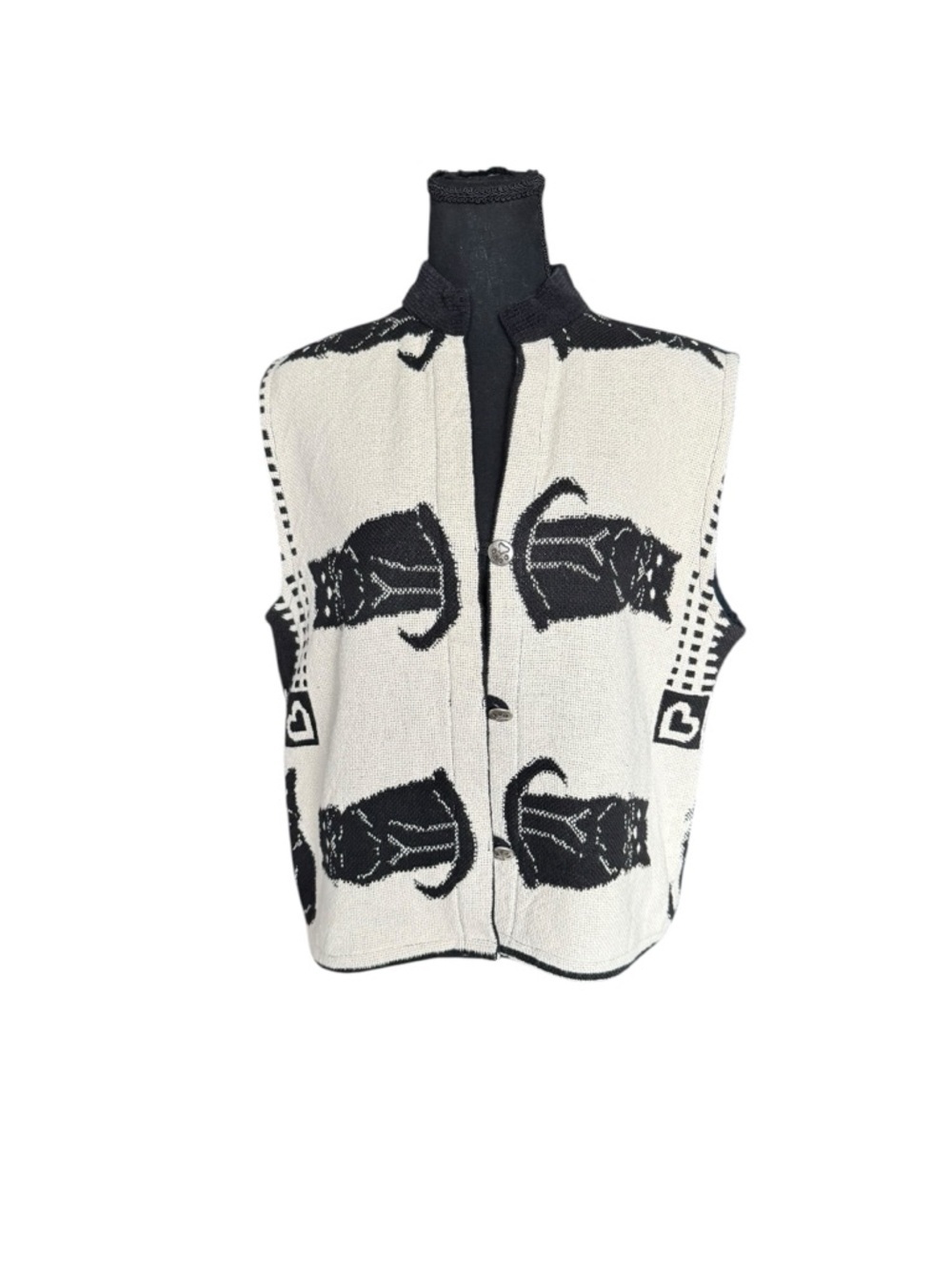 Vintage Ann Maurice Cat Knit Vest Black White Cottagecore Grandma Core USA A76